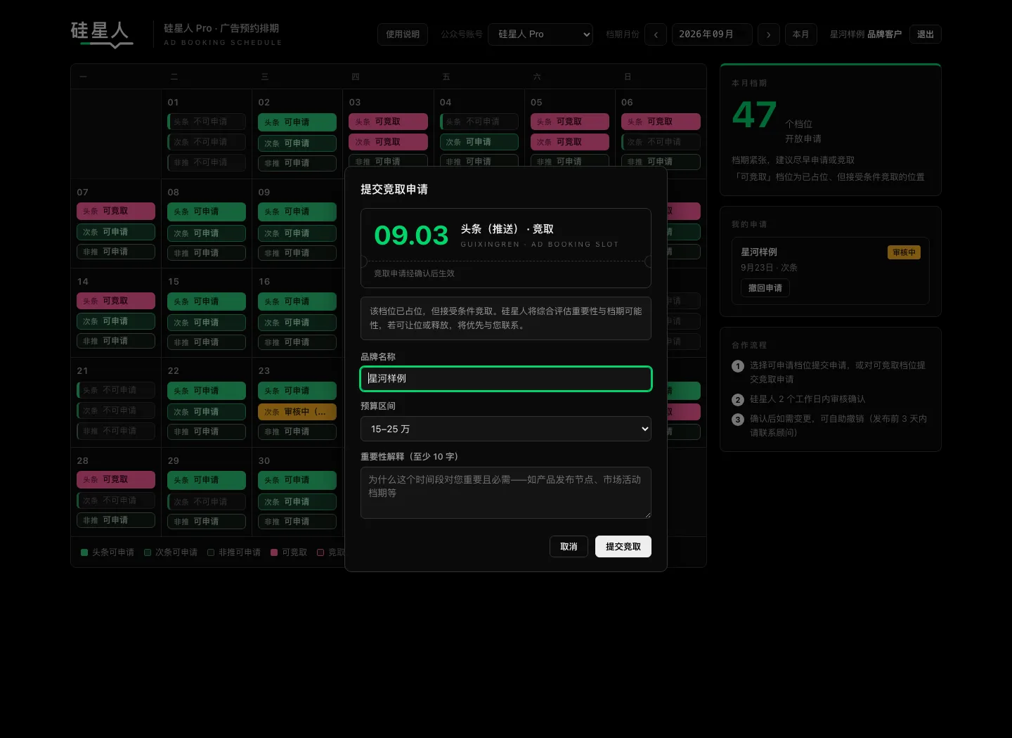 品牌客户对已有档期提交竞取的表单，包含预算和至少十字的重要性解释